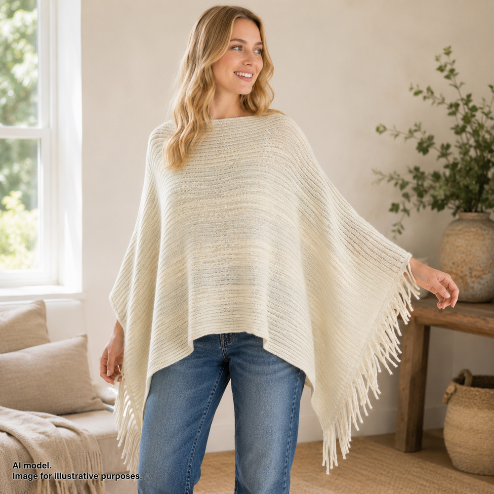 Riah Fashion Sweater Womens One Size White Fringe Metallic Knit Cape Poncho